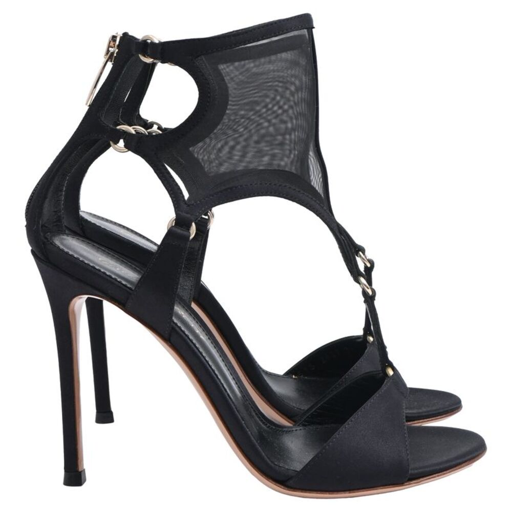 Gianvito Rossi Mesh Accent T-Strap Sandal Heels in Black Satin